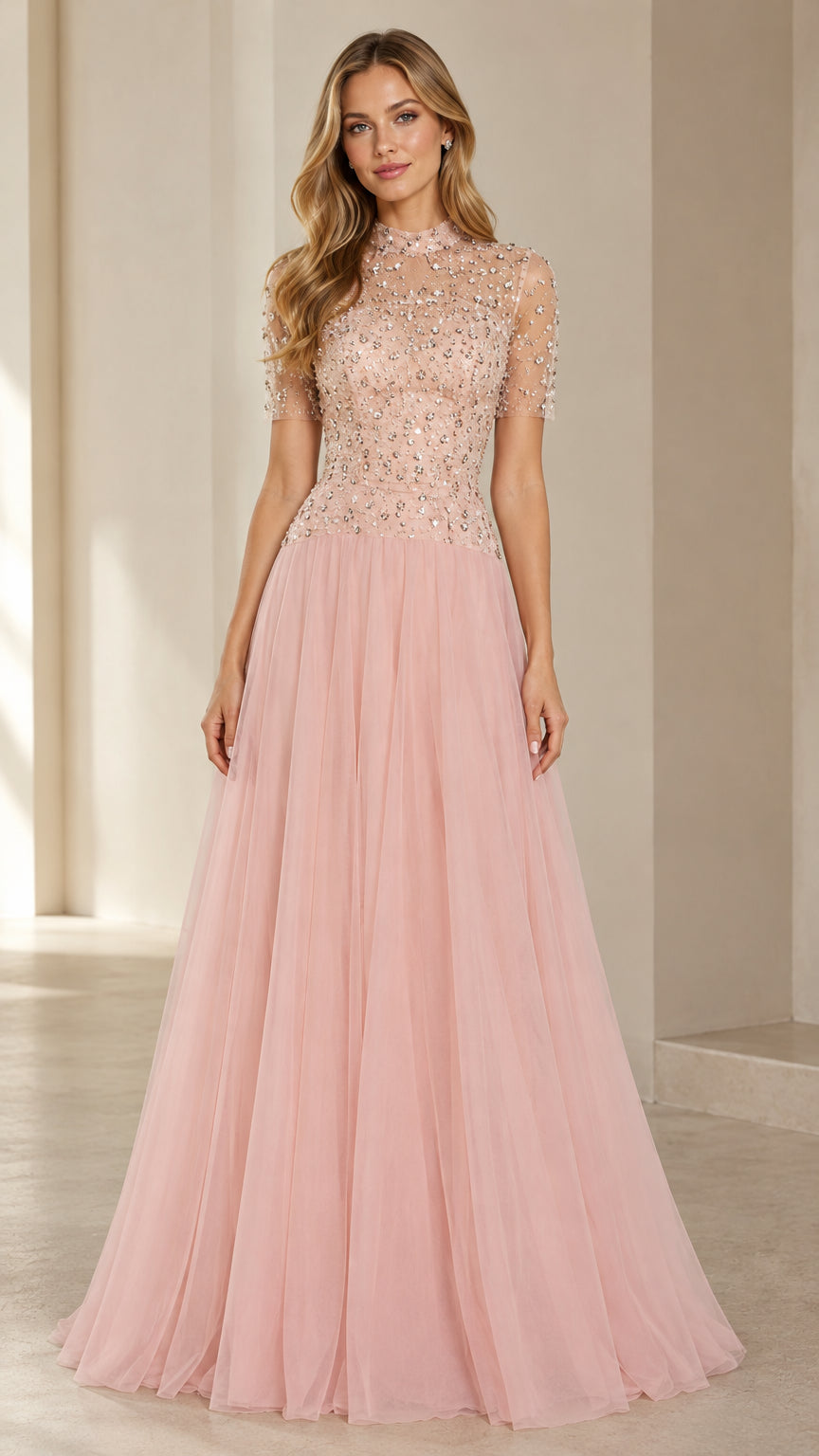 Front view of woman wearing Dusty Pink high neck beaded tulle evening gown