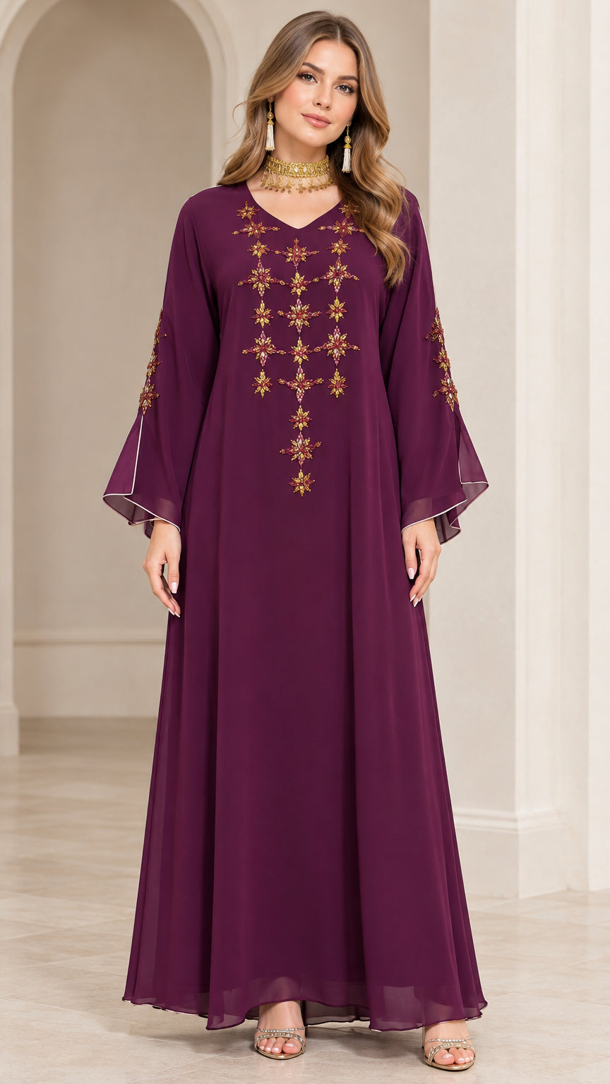 Full-length front view of woman wearing Plum embroidered maxi kaftan dress