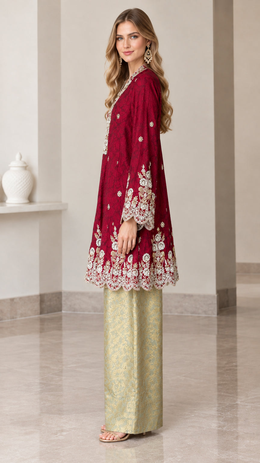 Side angle view of model wearing burgundy embroidered tunic top