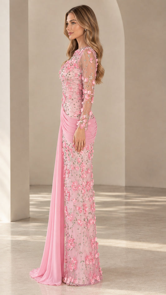 Side profile of Blush Pink floral embroidered formal dress showing cascading train accent