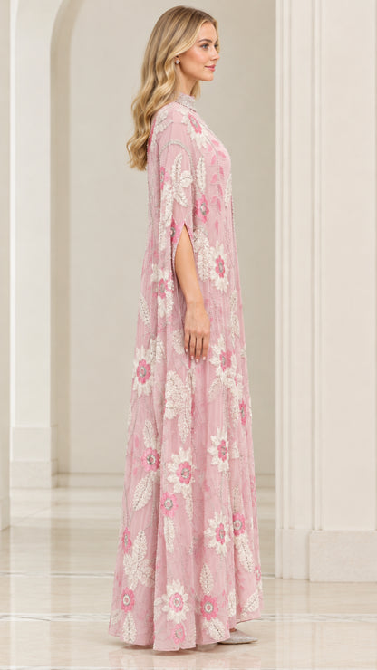 Dusty pink embroidered cape maxi dress side profile view