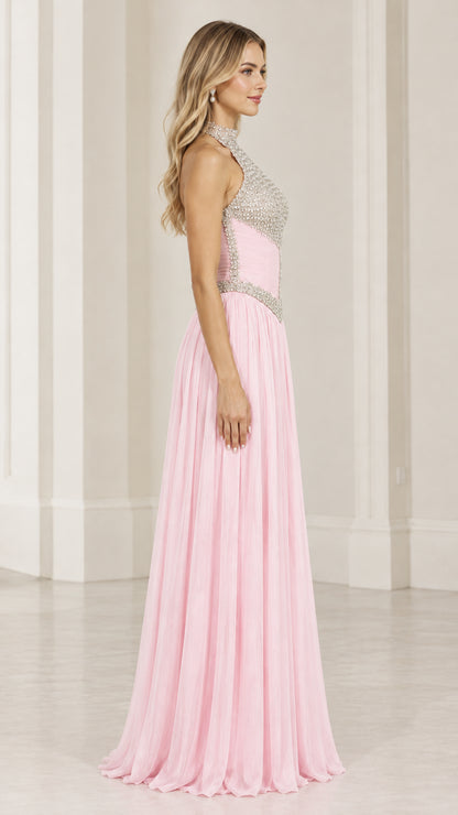 Side profile of pink halter neck beaded bodice evening dress with pleated skirt