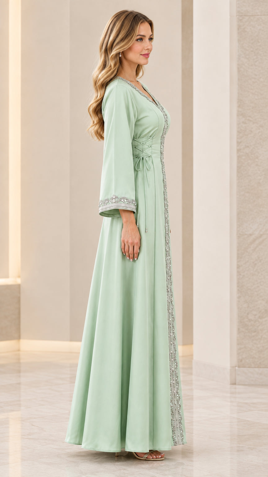 Sage green maxi kaftan dress side view showcasing sleeve length