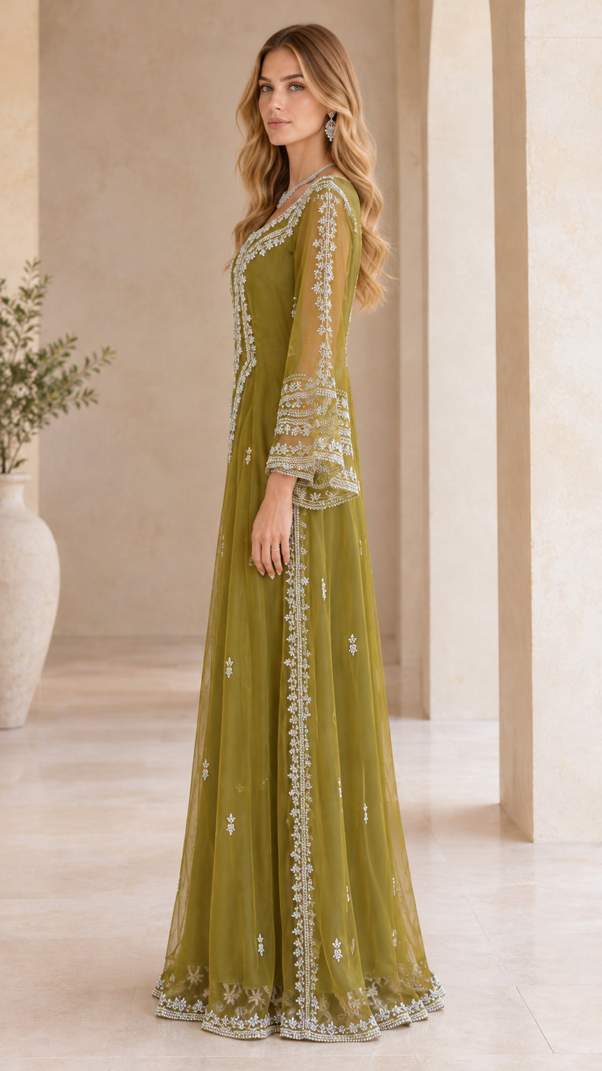 Olive Green embellished maxi dress side profile view