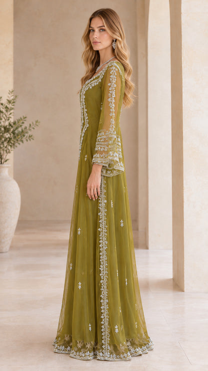 Olive Green embellished maxi dress side profile view