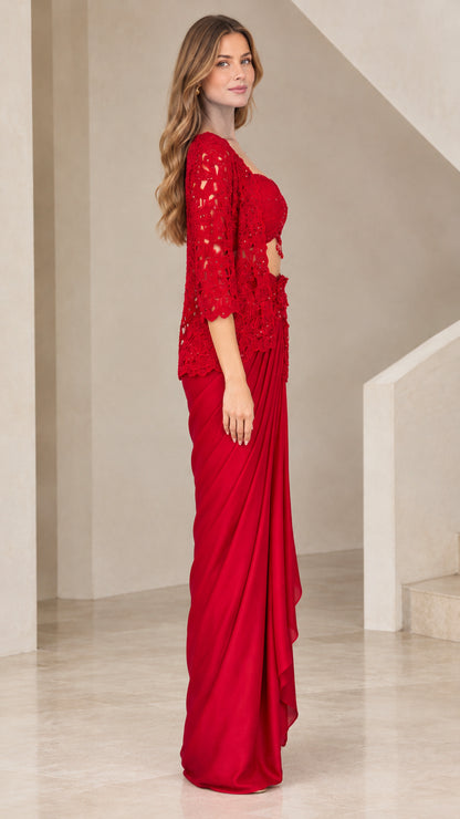 Side profile view of woman wearing Red embellished 3-piece maxi set