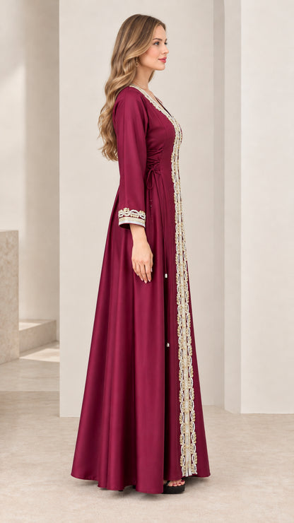 Burgundy modest evening kaftan dress side angle view
