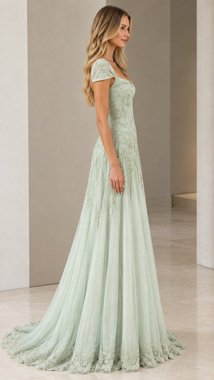 Side profile of model wearing Sage Green floor-length A-line formal dress