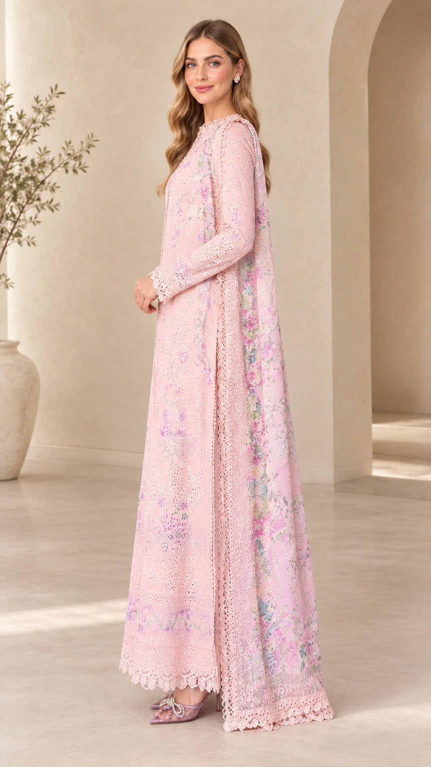 Side profile of Blush Pink embroidered maxi dress showing delicate floral print