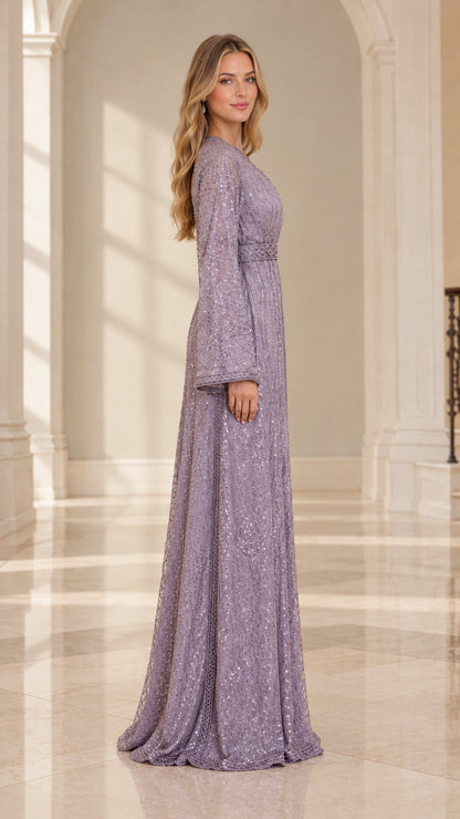 Side profile view of woman wearing Lilac sequin embroidered A-line maxi dress