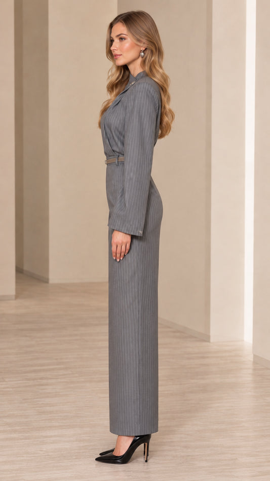 Side profile view of model wearing grey pinstripe maxi column dress