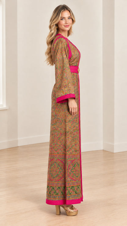 Side profile view of woman wearing olive tan paisley maxi kaftan dress with wide sleeves