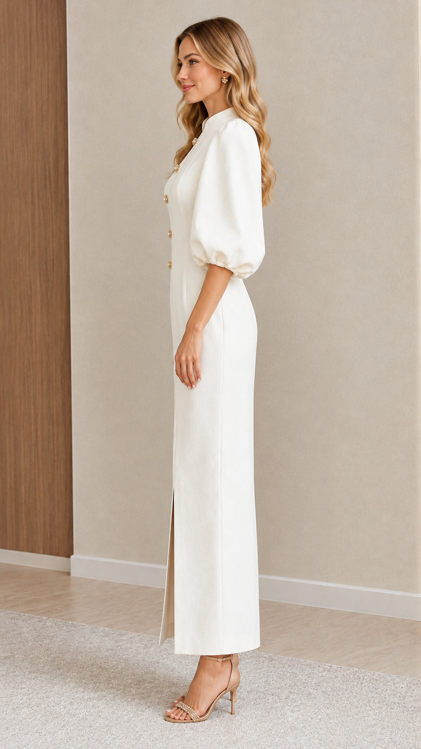 Side profile view of model wearing the Ivory column maxi dress with front slit