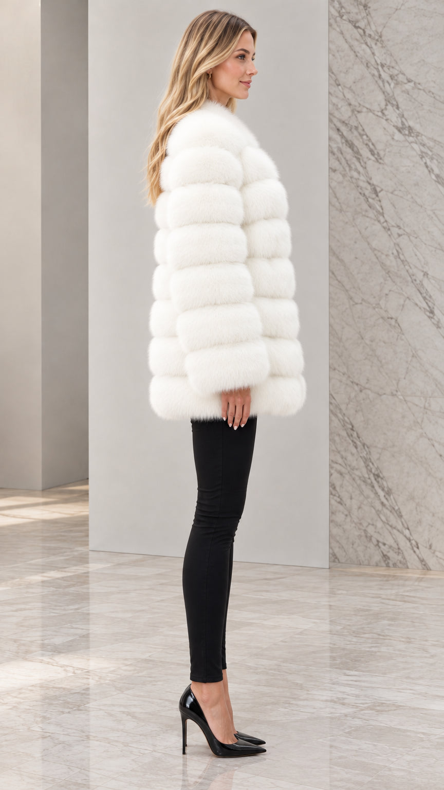 Side profile view of model wearing white mid-length faux fur coat