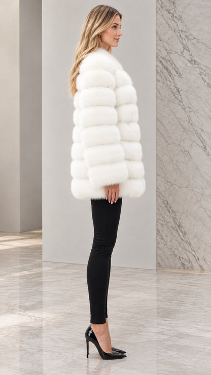 Side profile view of model wearing white mid-length faux fur coat
