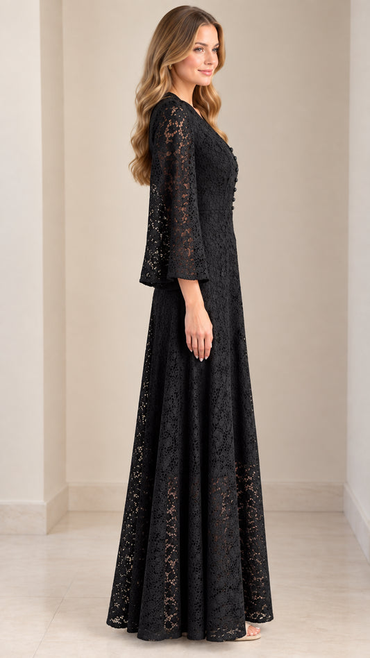 Side profile view of Black floral lace maxi dress showing A-line silhouette
