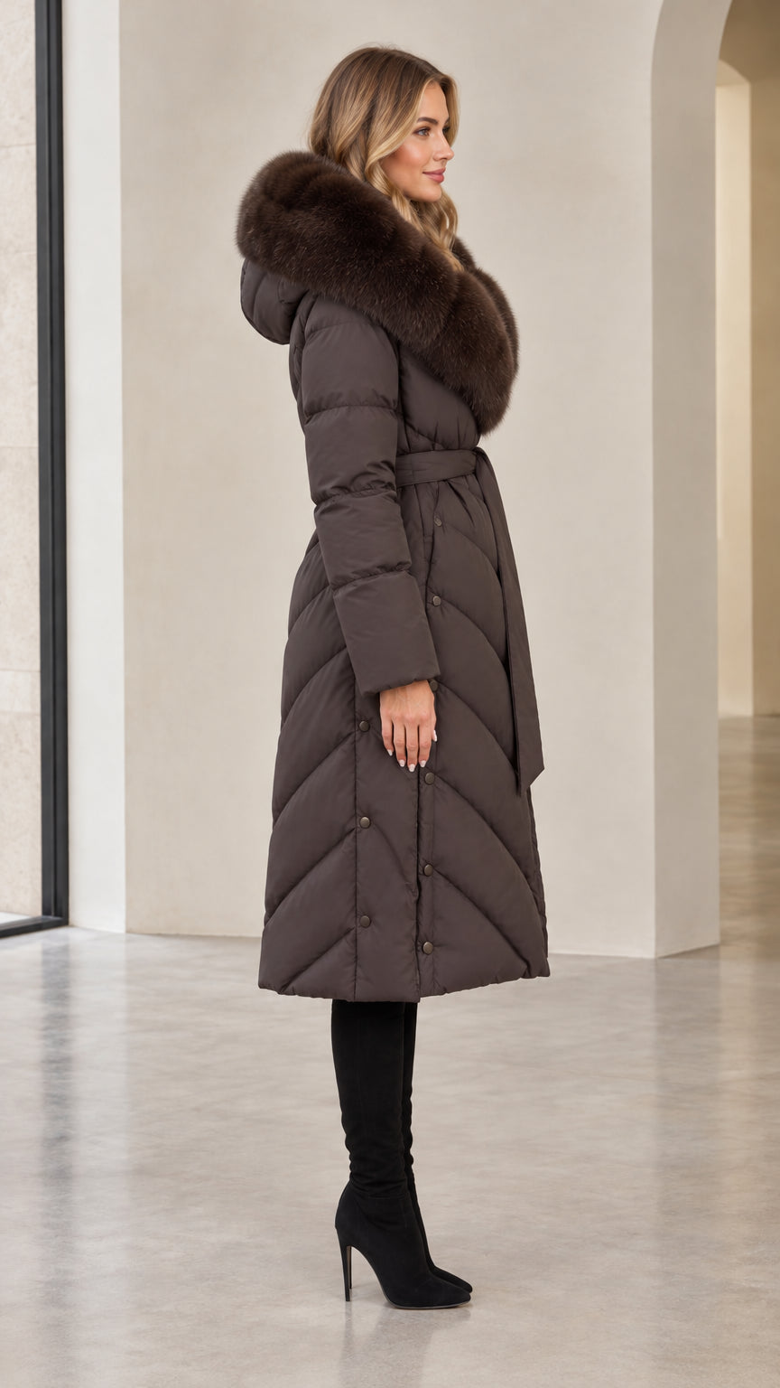 Side view of dark brown maxi puffer coat with fur hood and high boots