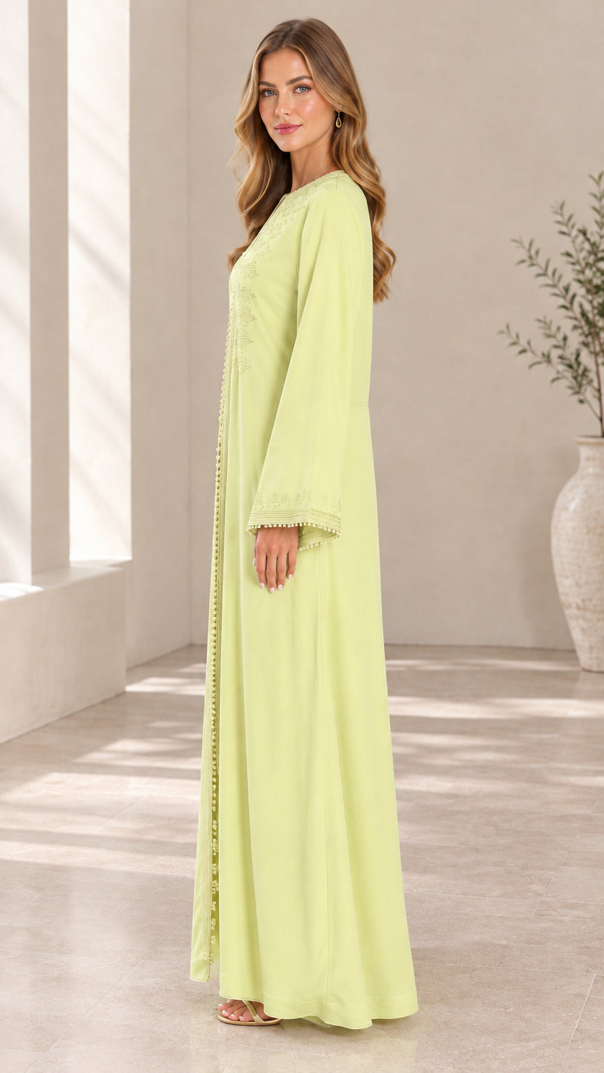 Light green modest maxi dress side angle view