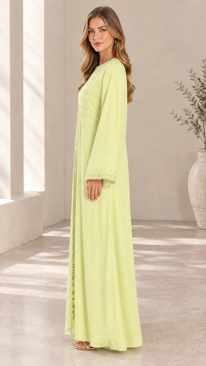 Light green modest maxi dress side angle view