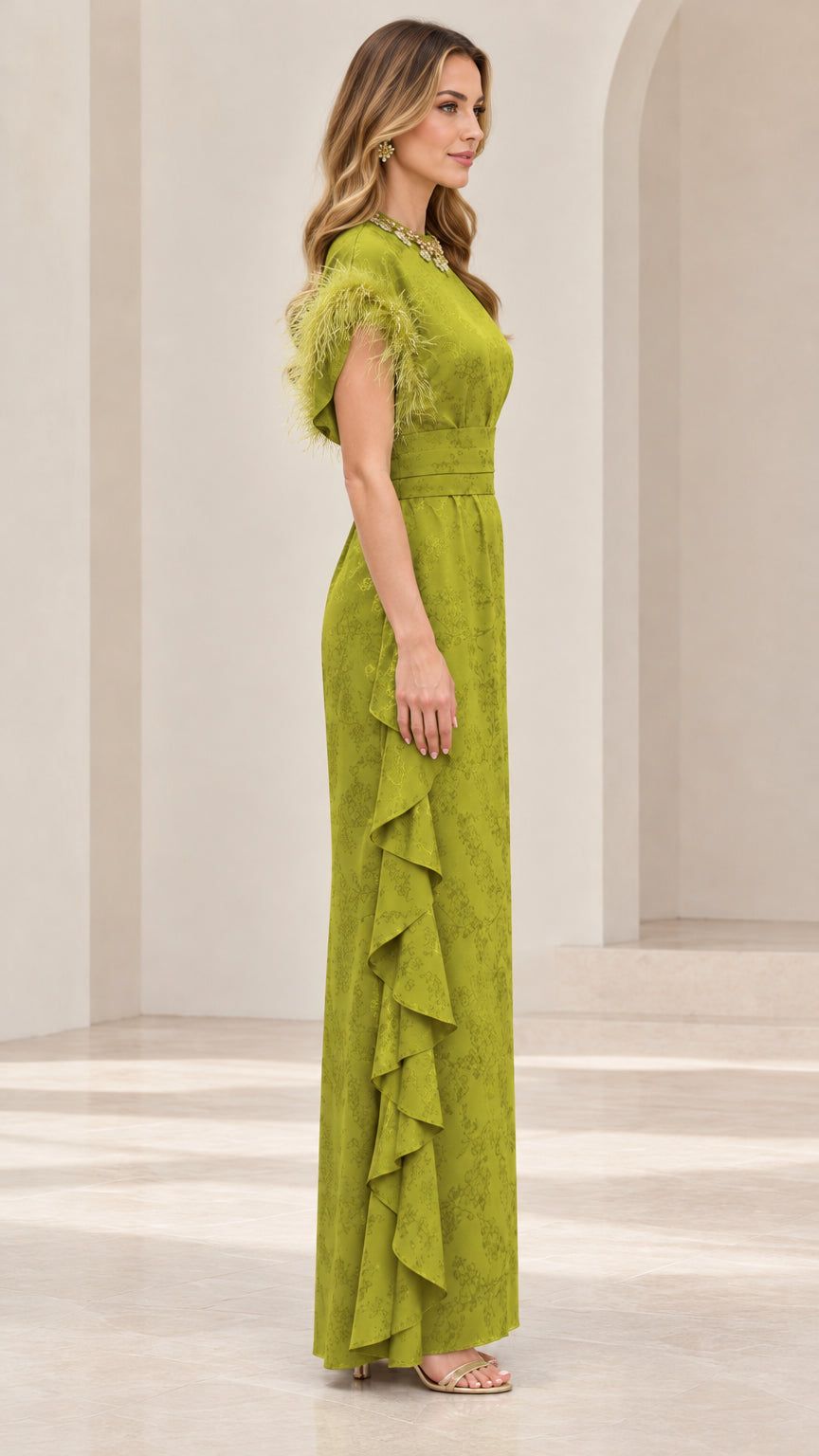Side profile view of olive green jacquard evening gown showcasing cascading side ruffles