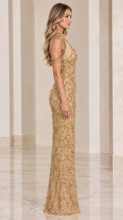 Champagne Gold sequin halter formal dress side view