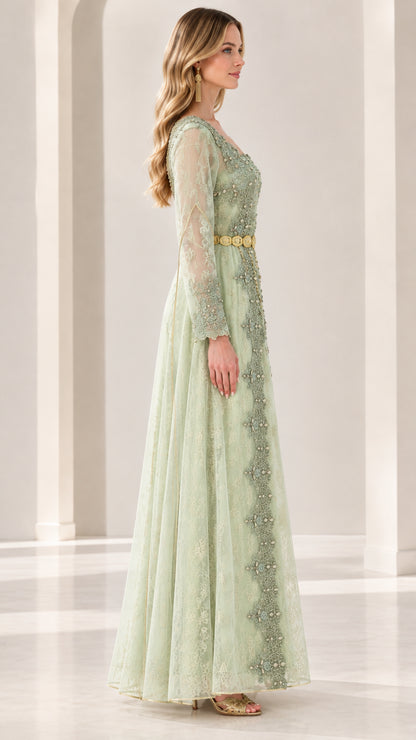 Side profile of sage green lace formal maxi dress showing elegant silhouette and sleeves