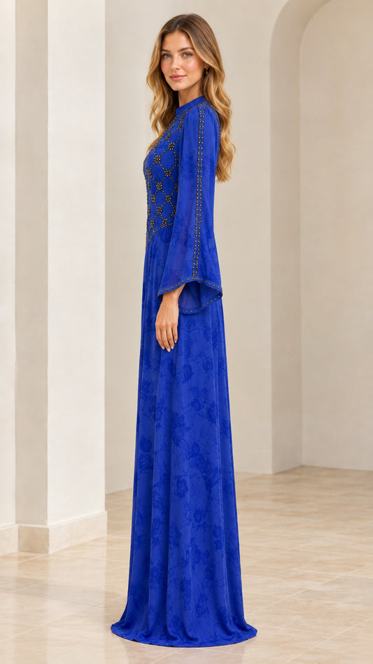 Royal Blue long sleeve evening maxi dress side view