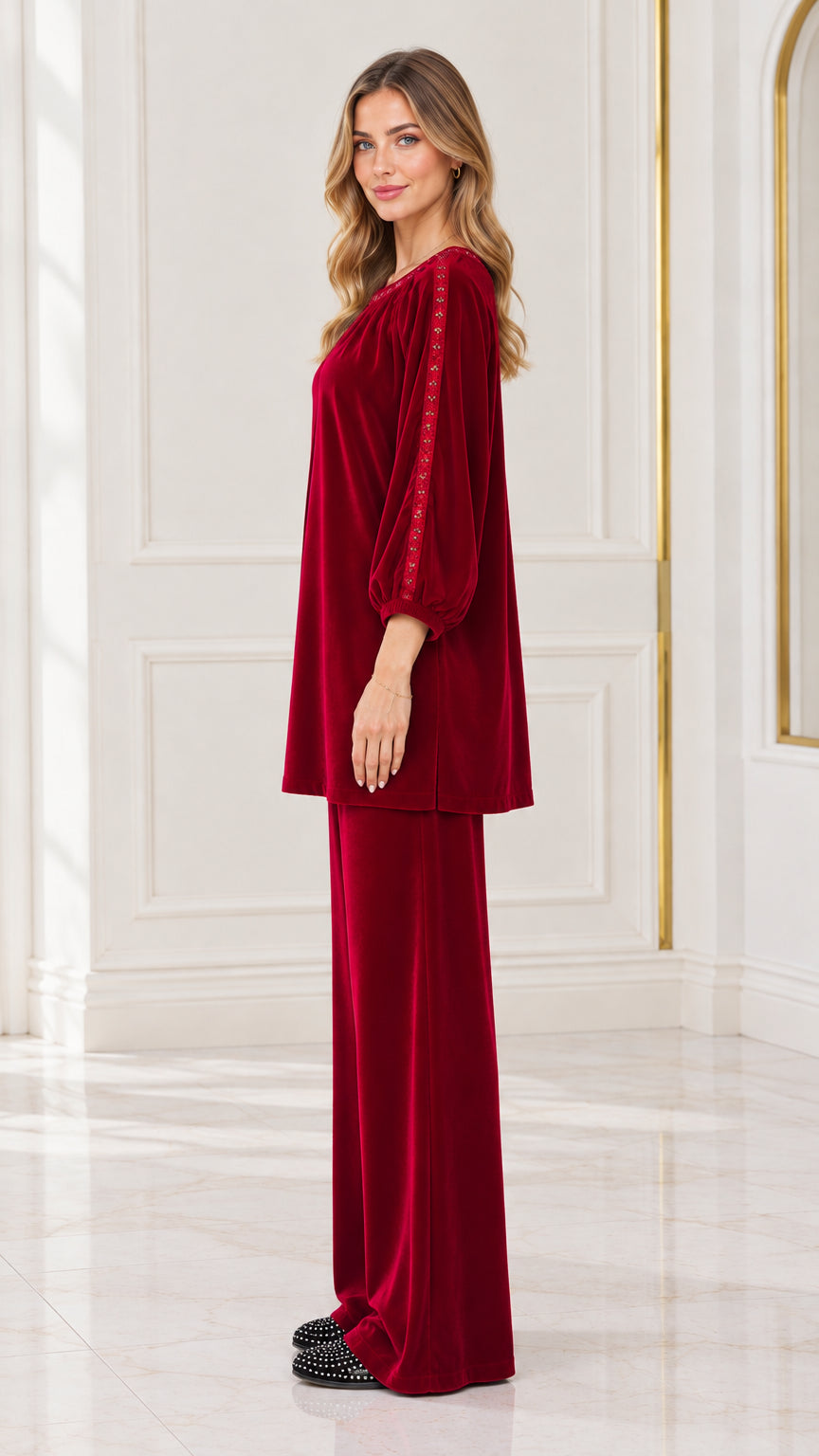 Side view of woman wearing Wine Red velvet matching set