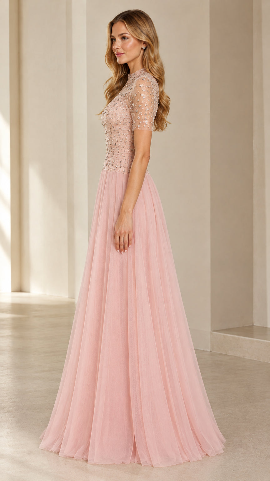 Side angle view of woman wearing Dusty Pink A-line beaded formal dress