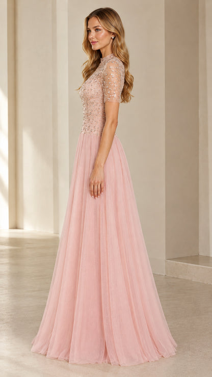 Side angle view of woman wearing Dusty Pink A-line beaded formal dress
