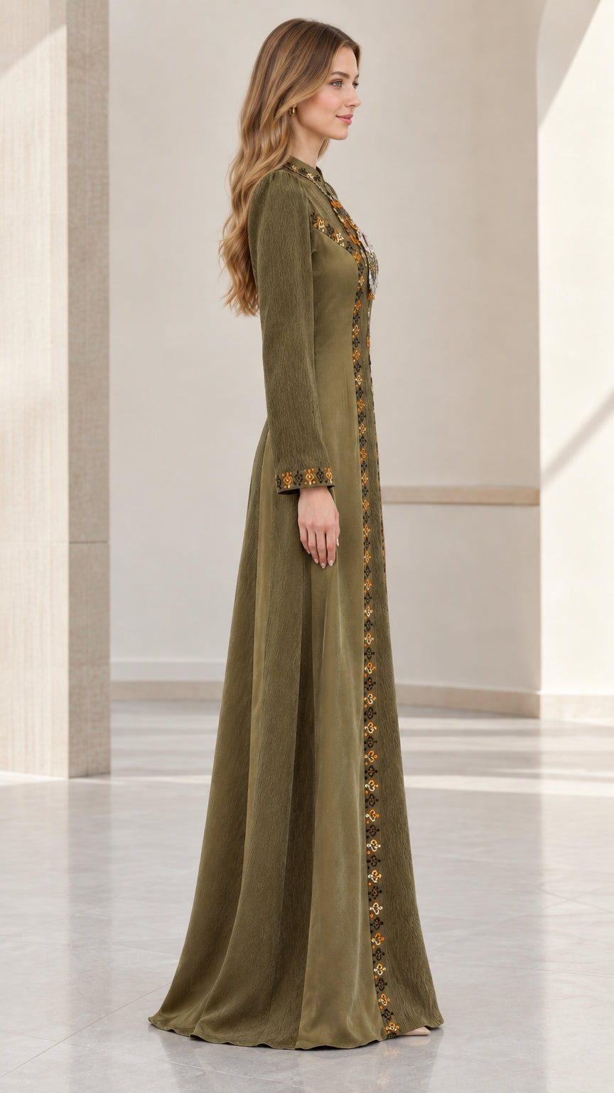 Side profile view of woman wearing olive green long sleeve A-line maxi dress
