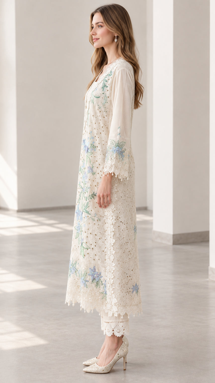 Side profile view of cream floral embroidered longline tunic with lace trims