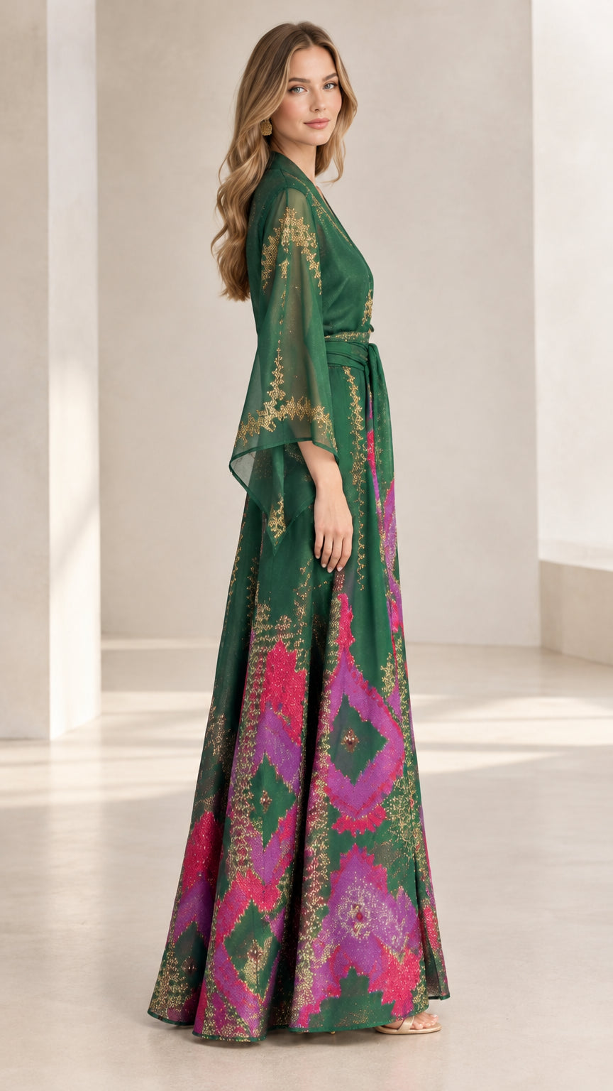 Side view of emerald green printed kimono maxi gown with wide sleeves