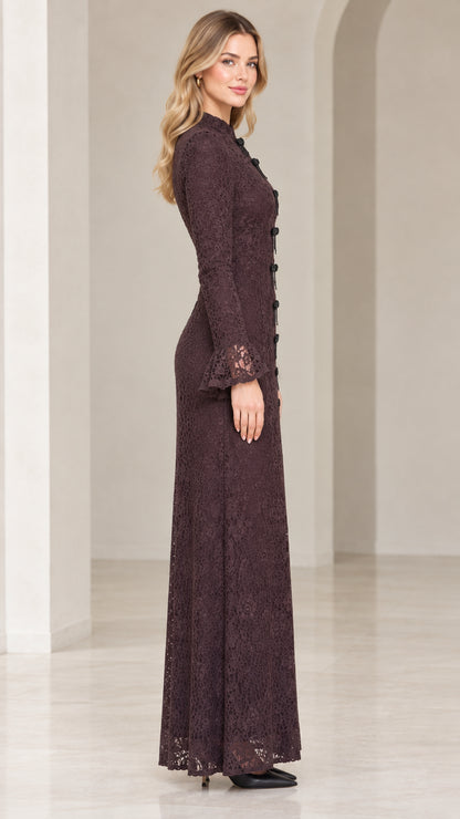 Side profile of model wearing espresso long sleeve floral lace evening dress
