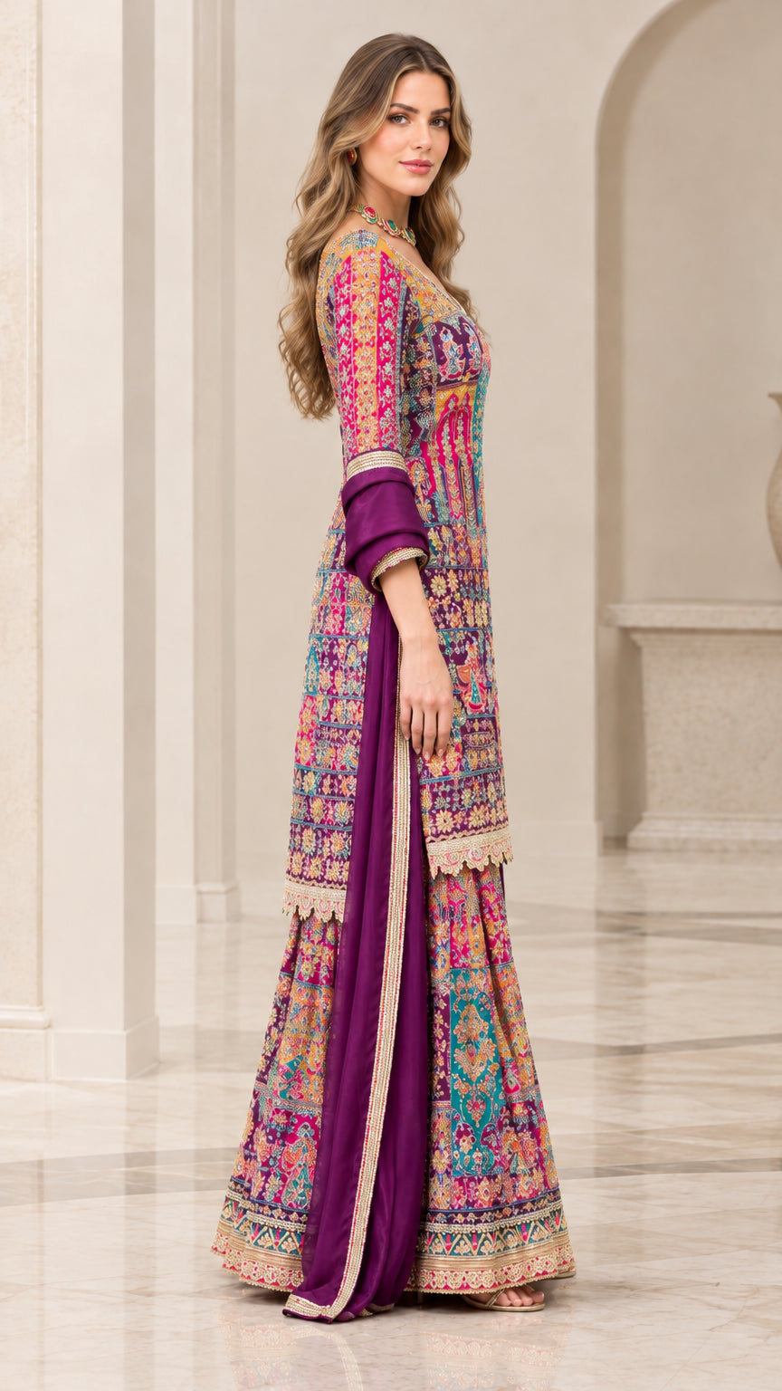 Side profile view of purple printed sharara suit set showing flare and dupatta drape