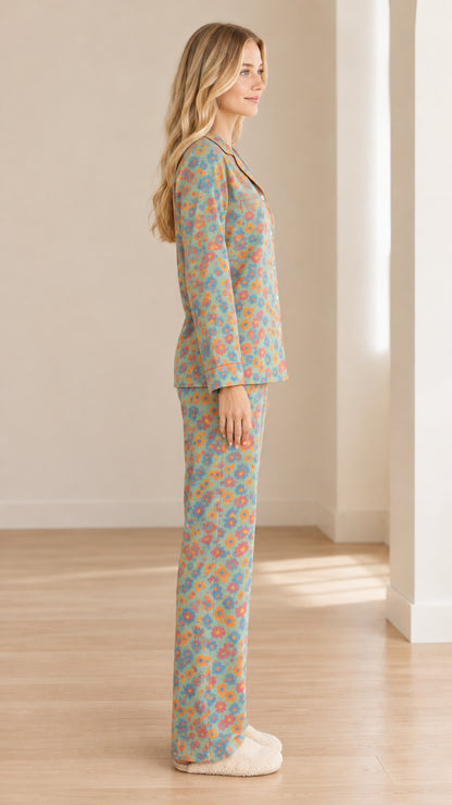 Side profile view of model wearing dusty blue floral pajama pants and top