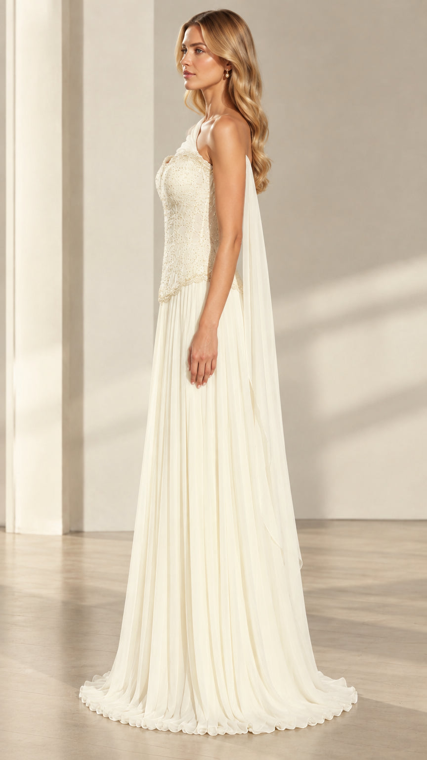 Side profile of ivory formal gown showing draping cape and pleated skirt