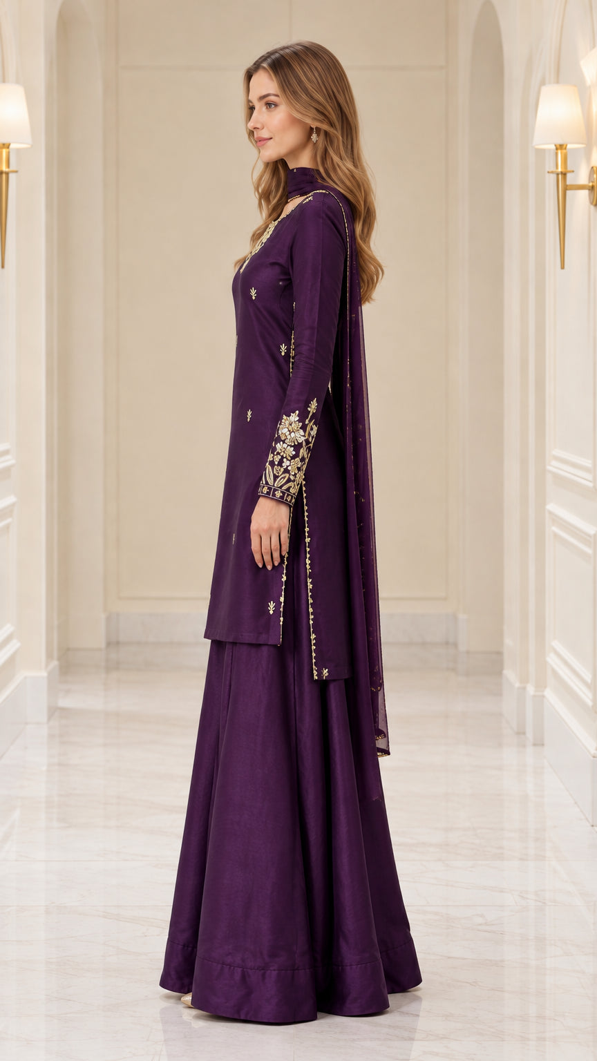 Side profile view of purple embroidered kurta sharara set