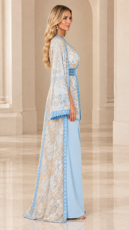 Side profile view of Light Blue cape and wide leg pants ensemble
