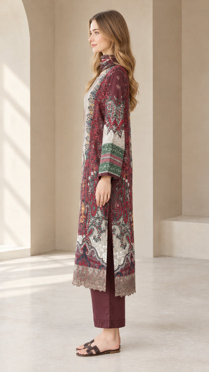 Side profile of model wearing burgundy printed tunic top and cropped trousers