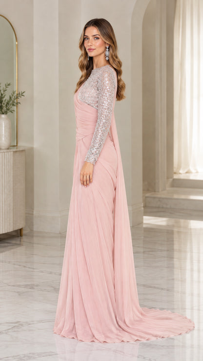 Blush pink sequin draped formal maxi dress side view with sweeping train