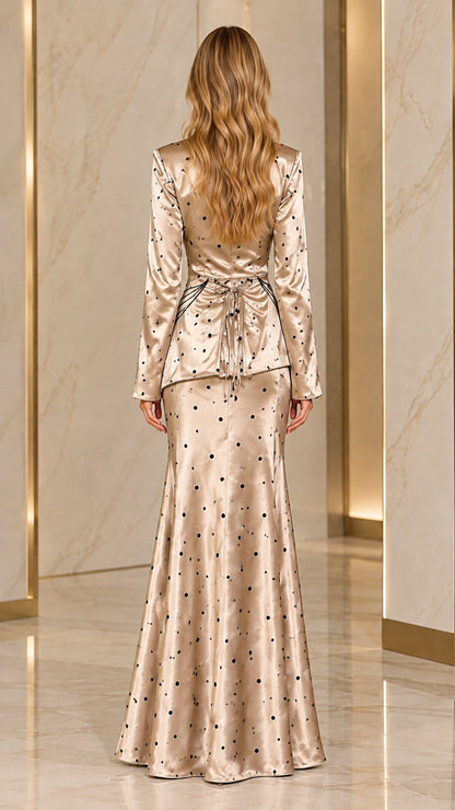 Champagne polka dot satin long sleeve evening dress back view