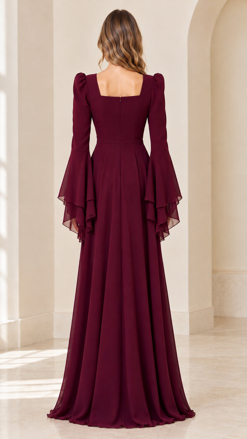 Burgundy square neckline floor-length gown back view showing silhouette