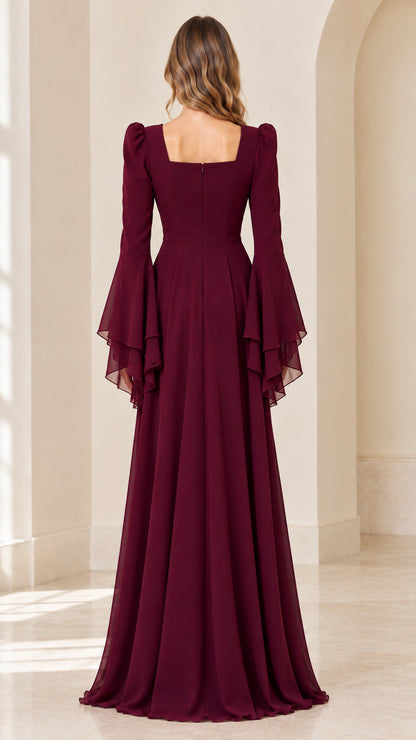 Burgundy square neckline floor-length gown back view showing silhouette