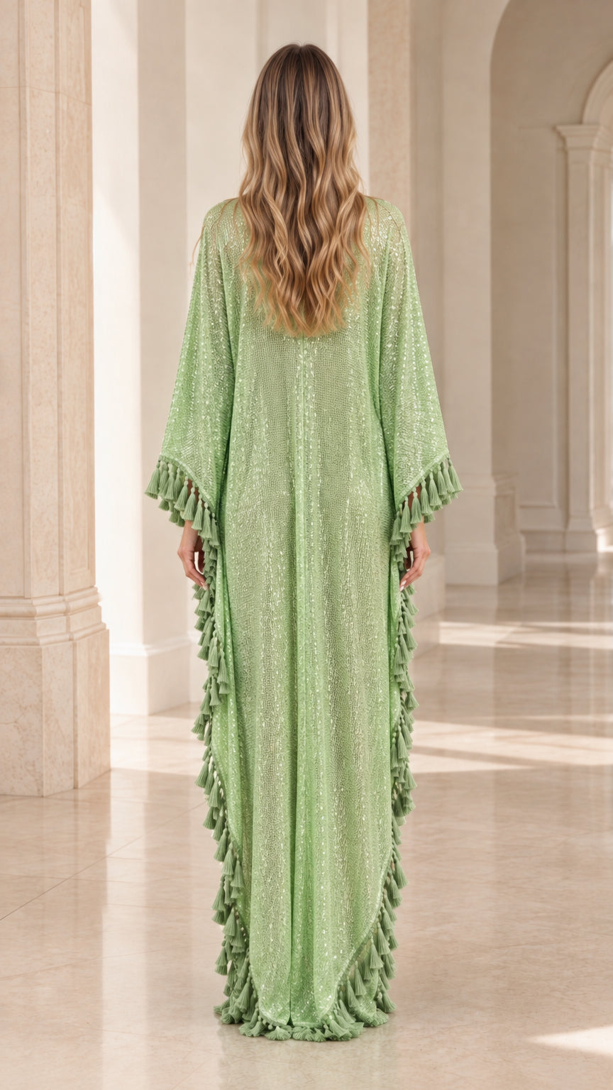 Back view of woman wearing shimmering mint green sequin maxi caftan gown