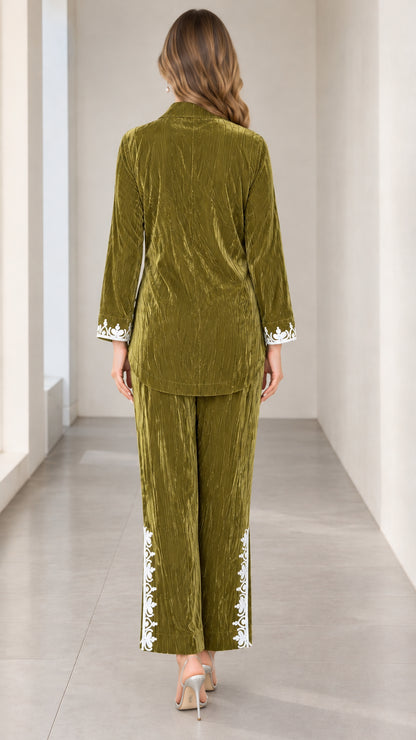 Back view of olive green crushed velvet tunic and matching pants set