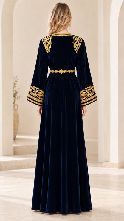 Back view of Navy Blue velvet kaftan showing gold shoulder accents