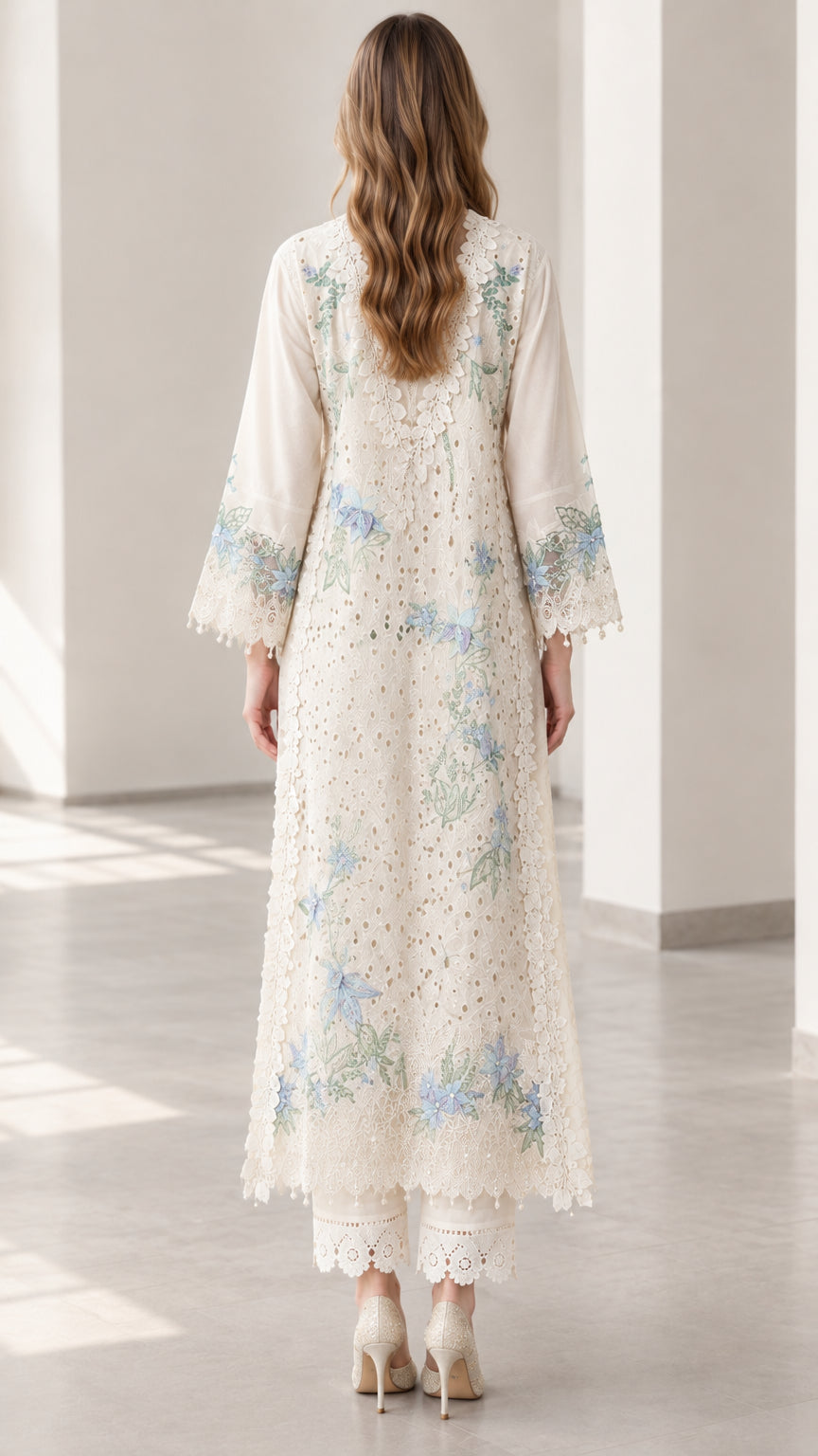 Back view of cream embroidered 3-piece long tunic and pant outfit