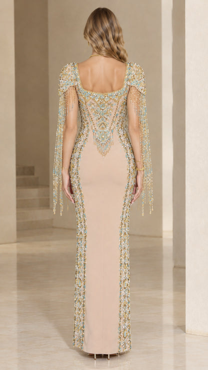 Back view of Champagne square back column gown showing vertical crystal trim