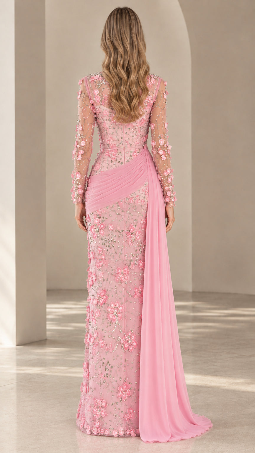 Back view of Blush Pink long sleeve embellished evening maxi dress
